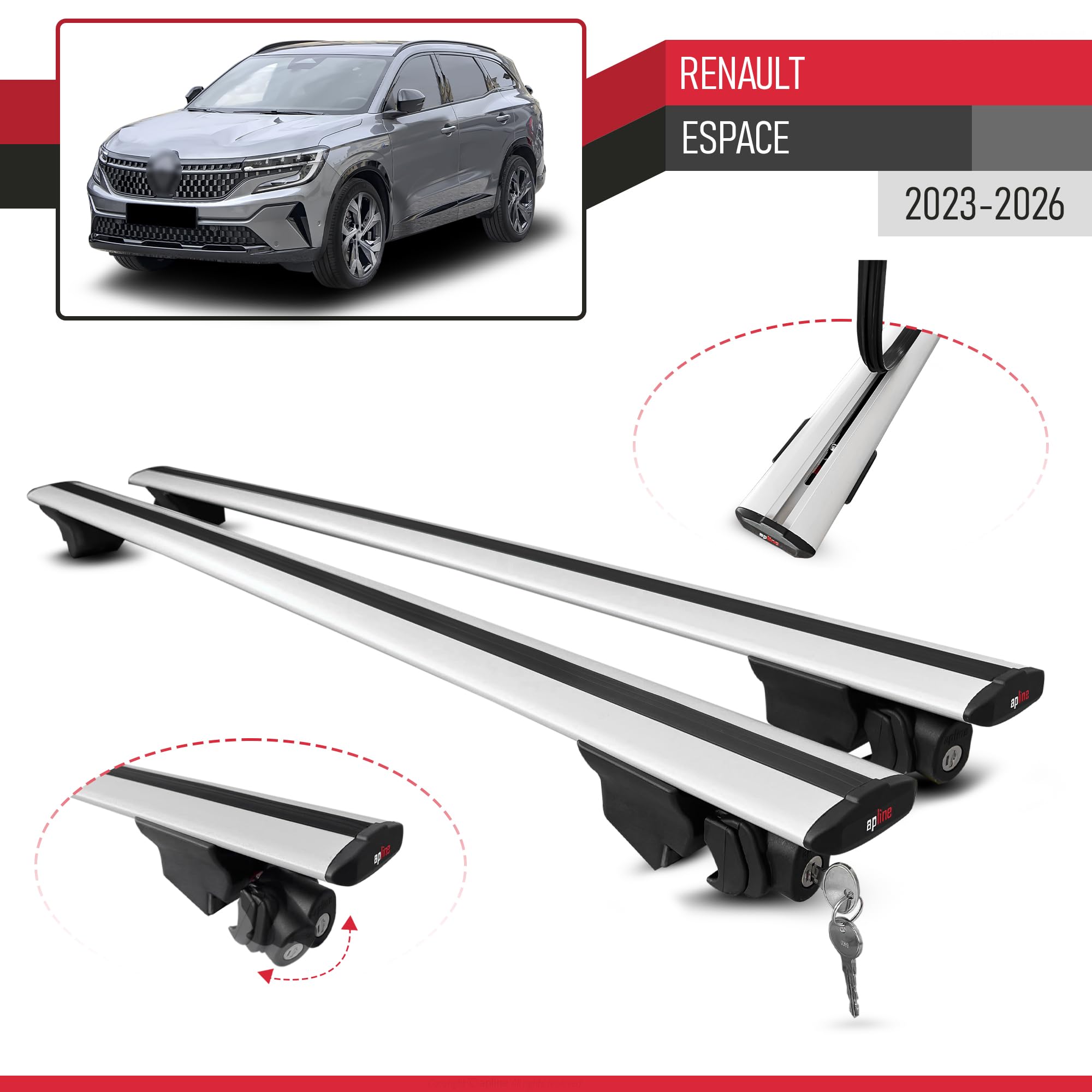 Kompatybilny z Renault Espace 2023-2026 HOOK Model Aluminiowe poprzeczki dachowe Szary 2 szt.