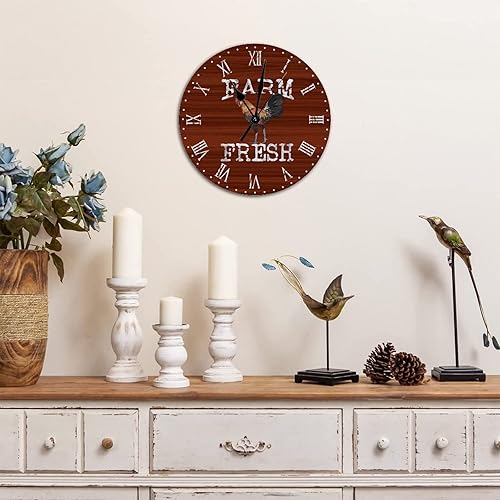 Miniatura 3 de Reloj de pared redondo de madera de estilo rústico retro gallo de animales de granja reloj de números romanos de madera silencioso sin tictac