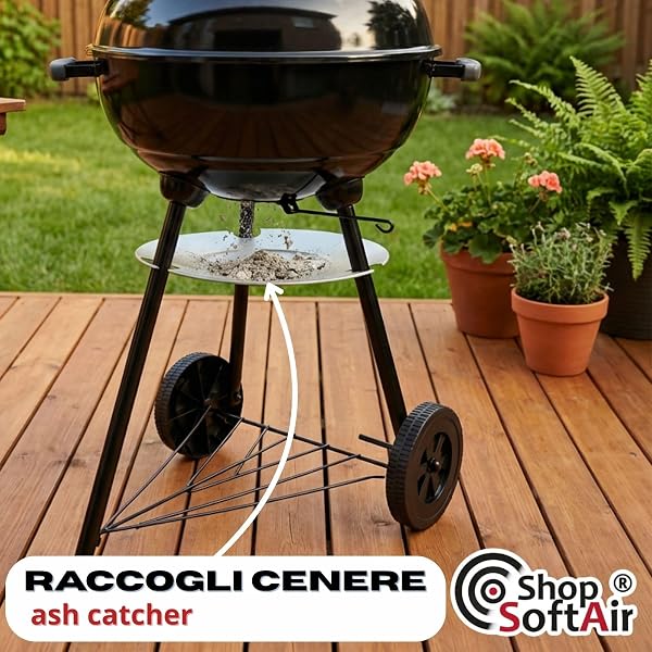 Barbecue a Sfera con Coperchio e Raccoglicenere, Grill a Carbonella da Esterno, Ø 44 cm, 70 cm Altezza, 2 Ruote, Ripiano Inferiore, Ventilazione Regolabile, Nero - 5