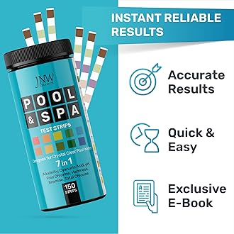 JNW 7-in-1 Pool Test Strips, 150 Quick & Accurate Test Strips for Pool Water, Spa Test Strips for Hot Tub, Chlorine Test Strips, Bromine, pH, Alkalinity, Hardness & More - Swimming Pool Test Kit