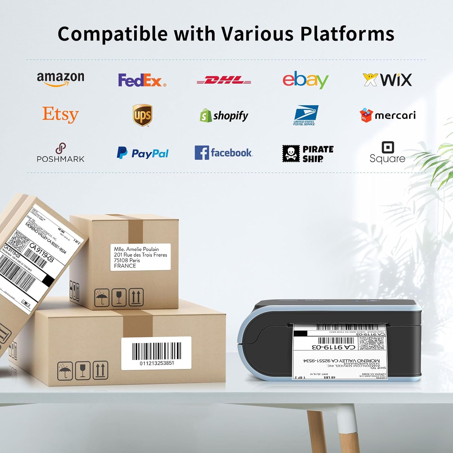 JADENS Bluetooth Thermal Label Printer, Wireless Label Printer with Built-in Paper Bin, Compatible with iOS, Android, Windows, Mac, Chromebook, Widely Used for Etsy, Shopify, USPS