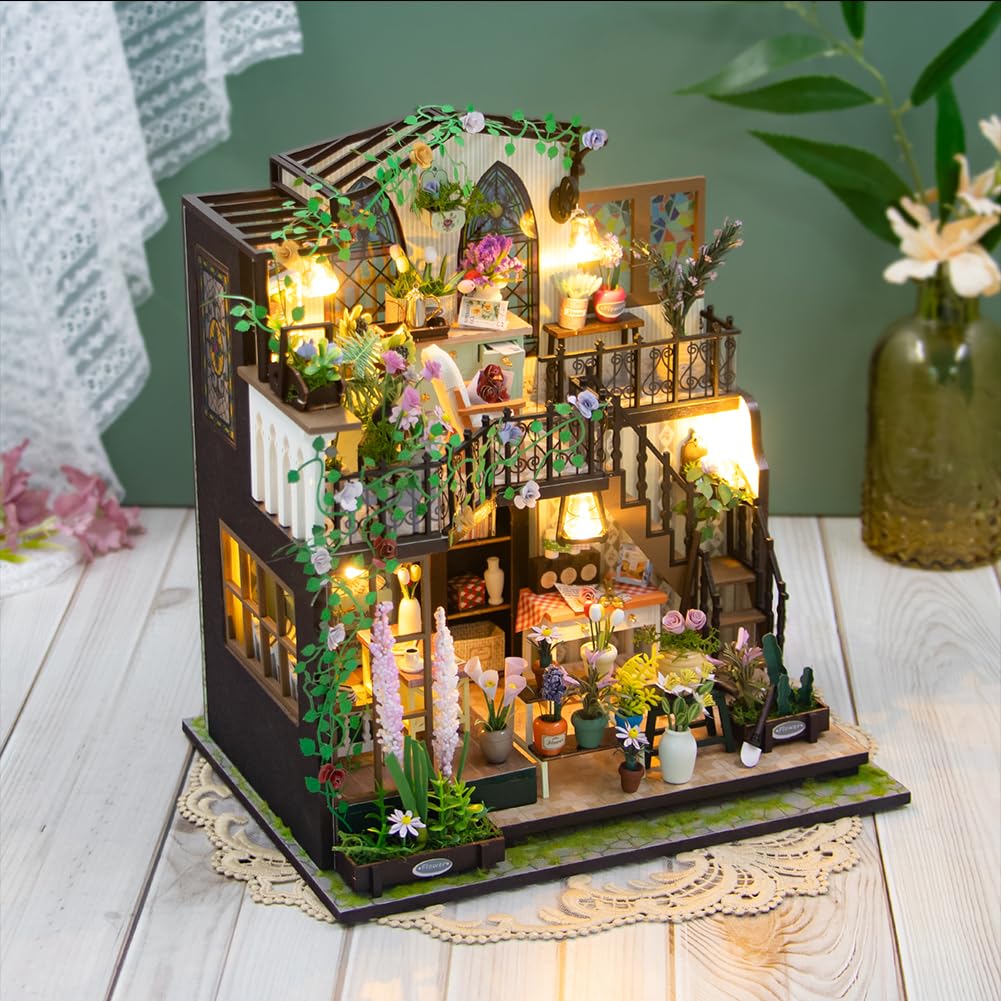 Kit casa delle bambole, serra, camera in miniatura fai da te con luce a LED, kit di costruzione in legno per adulti, casetta per fiori, regali per amici (senza copertura antipolvere)