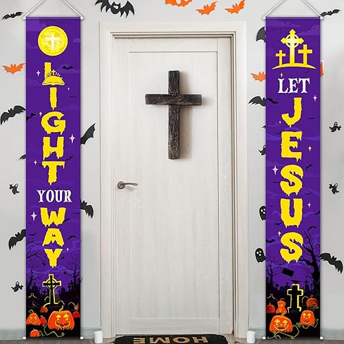 Miniatura 5 de Cartel de 2 piezas con texto en inglés «Let Jesus Light Your Way» para decoración cristiana de Halloween, cruz de Jesús, porche, calabaza religiosa