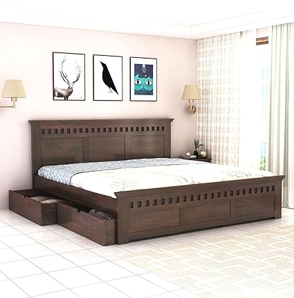 Strata Furniture Sheesham Wood King Size Bed with Drawer Storage and Headboard for Bedroom Living Room Home Wooden Double Bed Cot Palang Furniture (Walnut Finish)