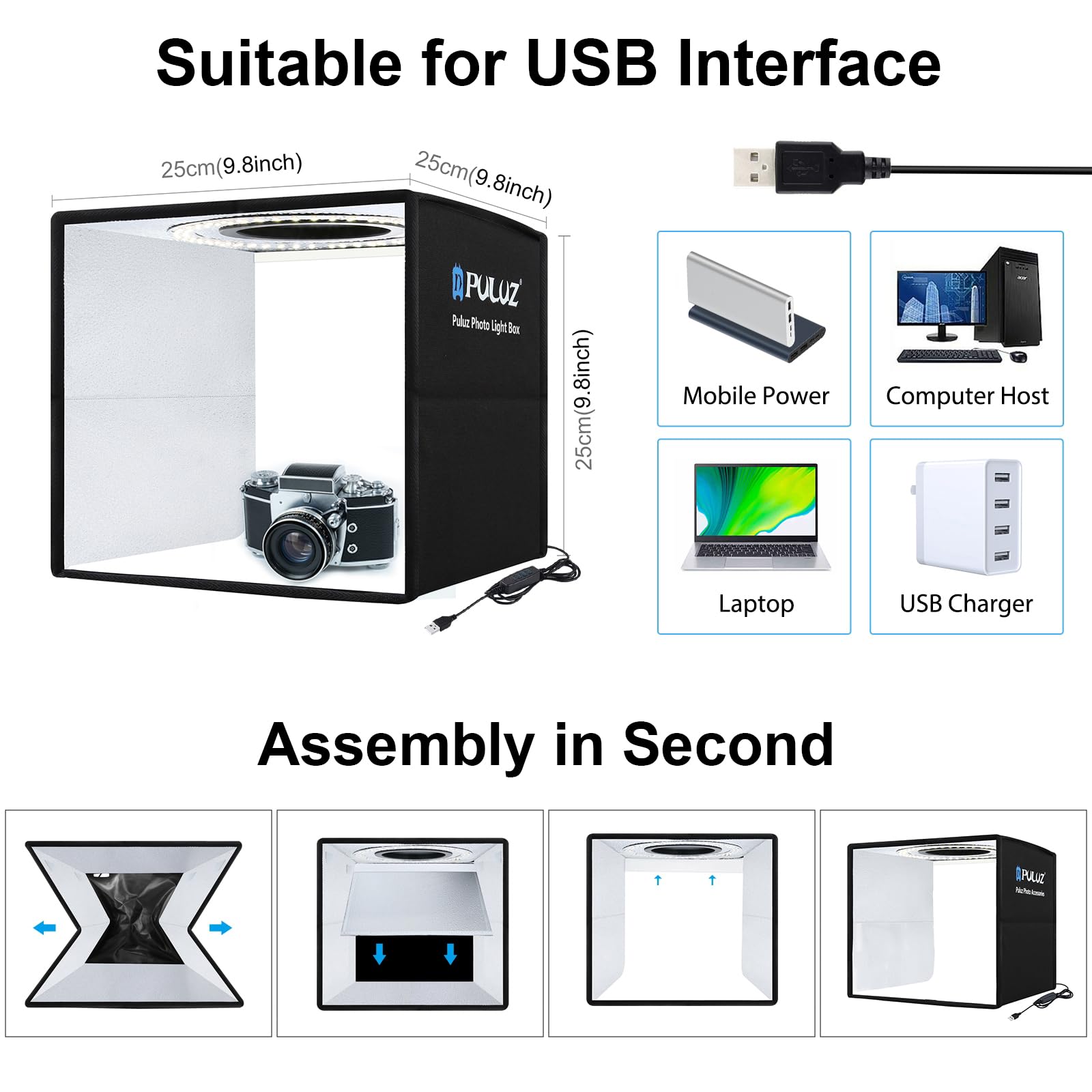 Mini boîte à lumière 25x25cm, PULUZ Professional Protable Photo Studio Box Tent Kit with Dimmable 3 Colors Temperatures 96pcs LED Lights CRI ＞90 & 12 Photo Backgrounds for Small Product Photography