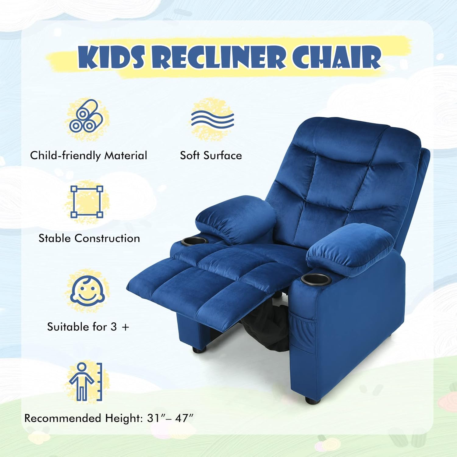 COSTWAY Larger Kids Recliner Chair, Adjustable Lounge Recliner w/ 2 Cup Holders, 1 Side Pocket, 2 Front Pockets, Footrest, Velvet Fabric Recliner for Boys & Girls, Ideal for Bedroom (Blue)