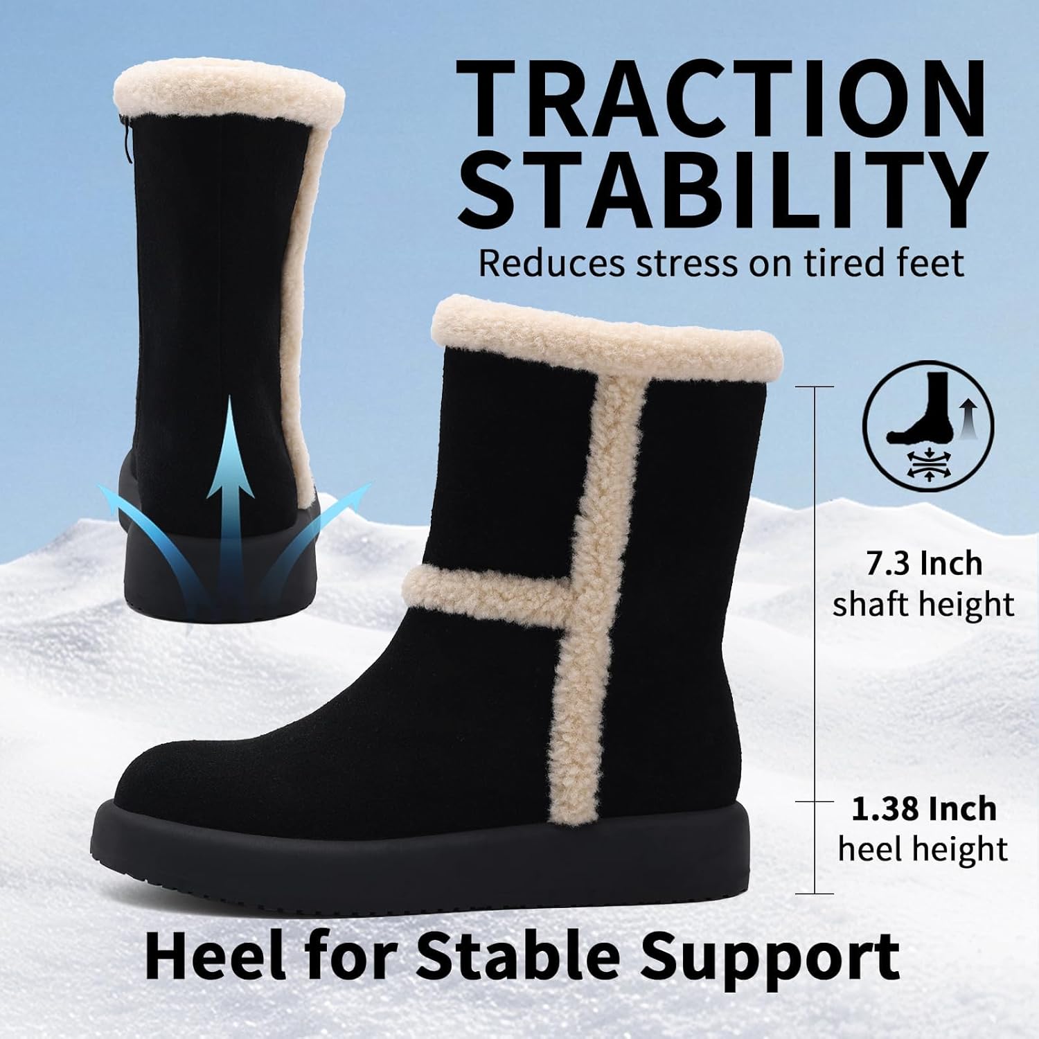 Women's Mid-Calf Winter Boot,100% Soft Waterproof Cow Suede Leather,Soft Fur lining with Comfortable Insole Womens Snow Boots,Medial Side Zipper for Easy Slip-On,Lightweight Winter Womens Shoes