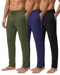 Real Essentials 3 Pack Mens Cotton Pajama Pants Soft PJ Lounge Bottoms Loungewear Elastic Waist Pockets Big and
