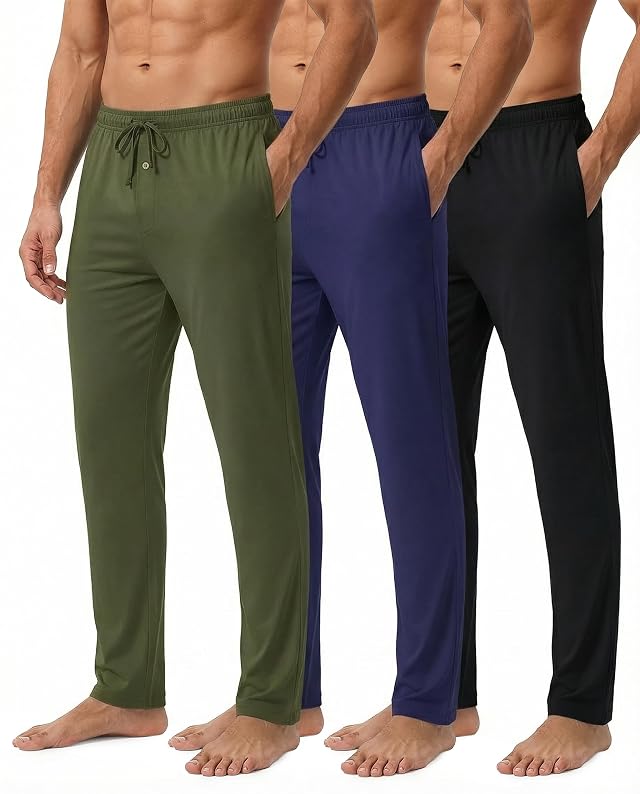 Real Essentials 3 Pack Mens Cotton Pajama Pants Soft PJ Lounge Bottoms Loungewear Elastic Waist Pockets Big and
