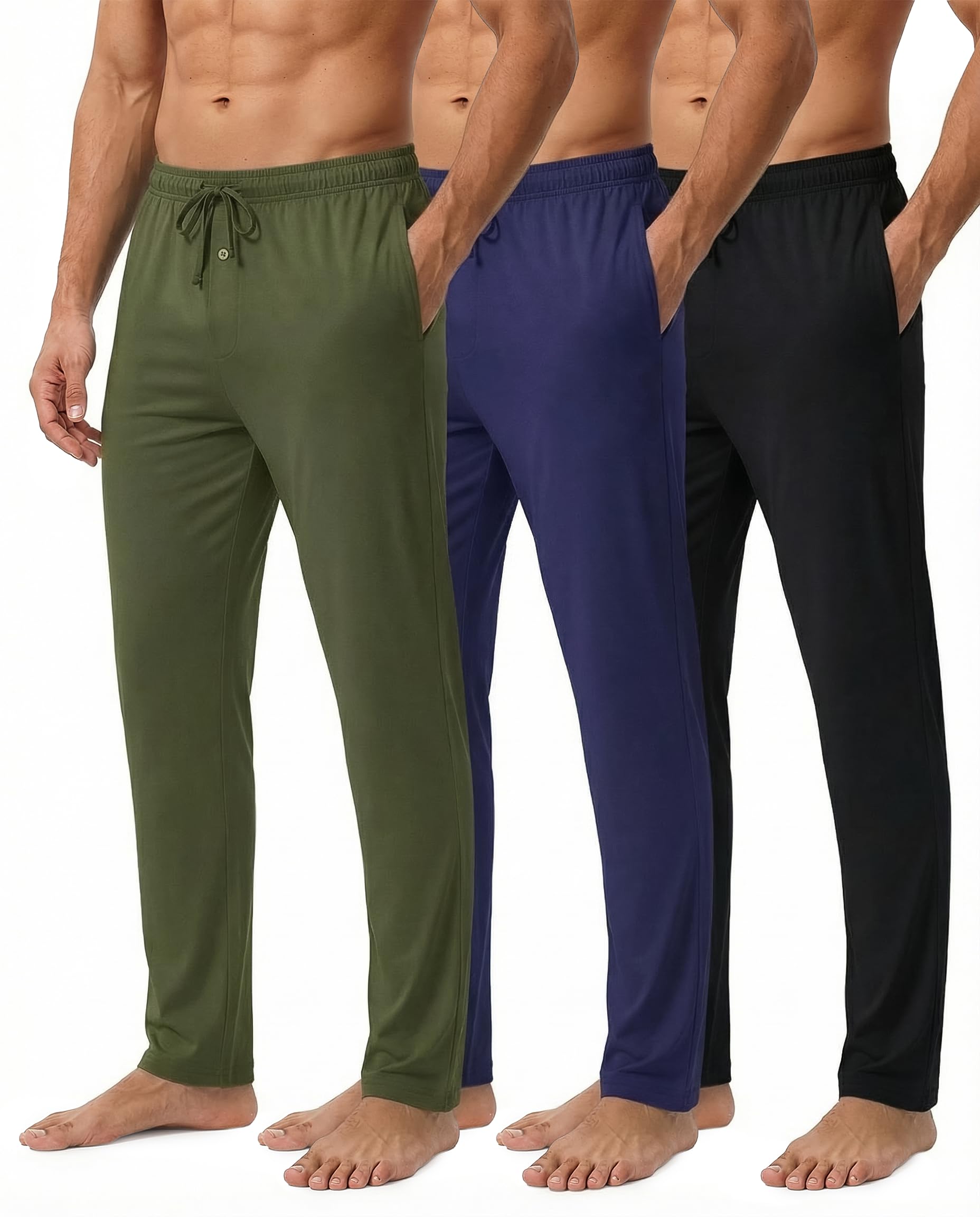 Real Essentials 3 Pack Mens Cotton Pajama Pants Soft PJ Lounge Bottoms Loungewear Elastic Waist Pockets Big and
