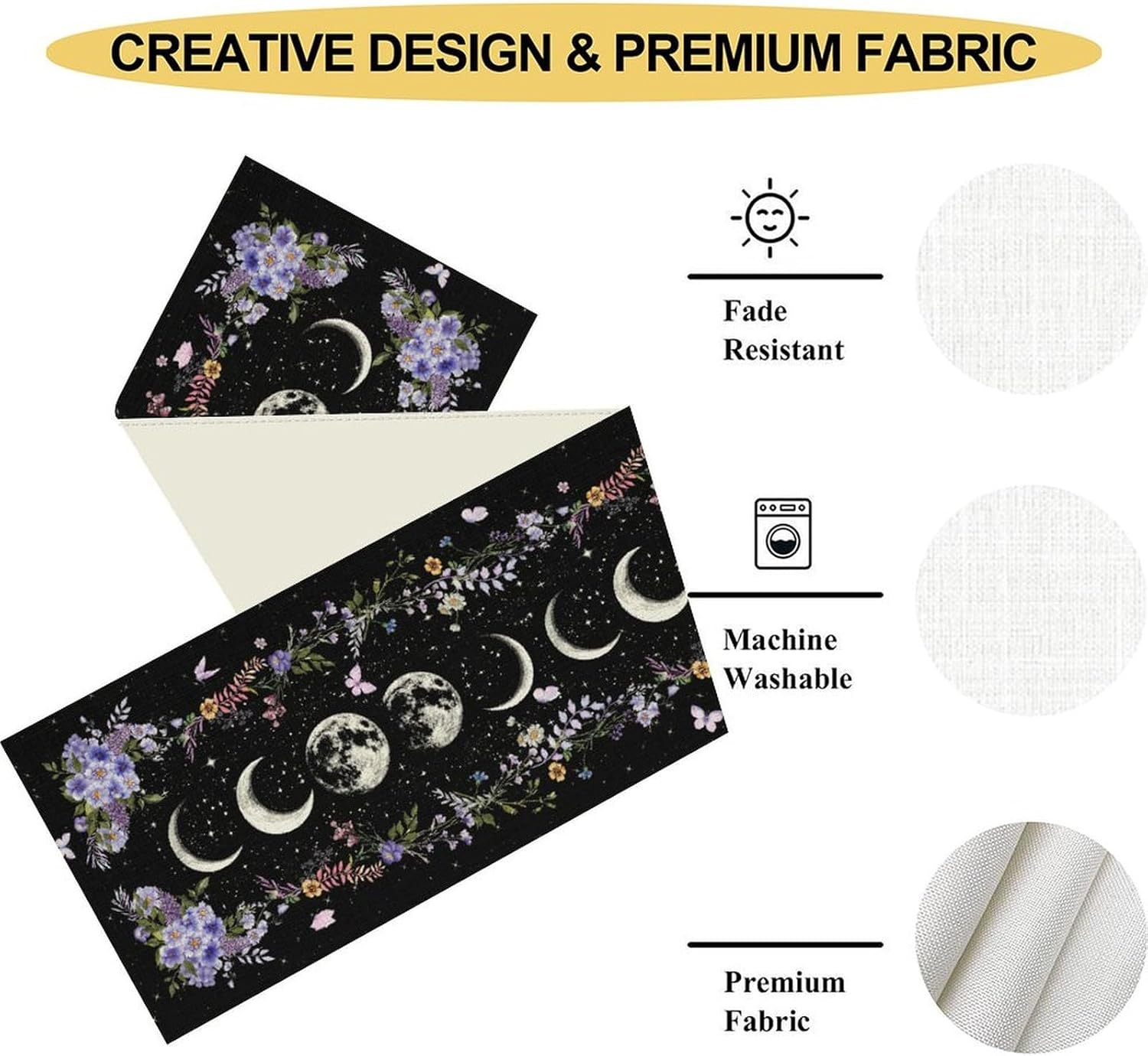 Boho Floral Moon Table Runner, Seasonal Wildflower Mystical Moon Phase Stars Purple Butterfly Witchy Gothic Holiday Kitchen Dining Table Runner for Kitchen Living Room Home Party Decor 13x108 inches