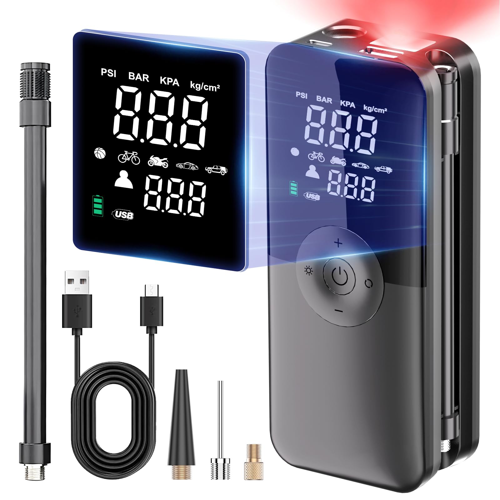 CaRSun Doble Pantalla Compresor Aire Portatil,150Psi Inflador Electrico,BateríA Recargable Inflador Ruedas Coche con ManóMetro,Hinchador Ruedas Coche Coches, Motos, Bicicletas, Anillo de NatacióN.
