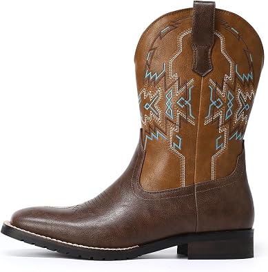 YFFUSHI Mens Embroidered Square Toe Cowboy Boots | Funky Vintage Style, Chunky Block Heel, Fashion Western Boots