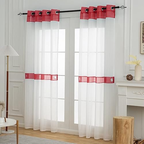 Miniatura 9 de 2 paneles de cortinas traslúcidas para sala de estar, blanco y rojo, cortinas cortas para dormitorio con alzapaños en la parte superior, paneles de