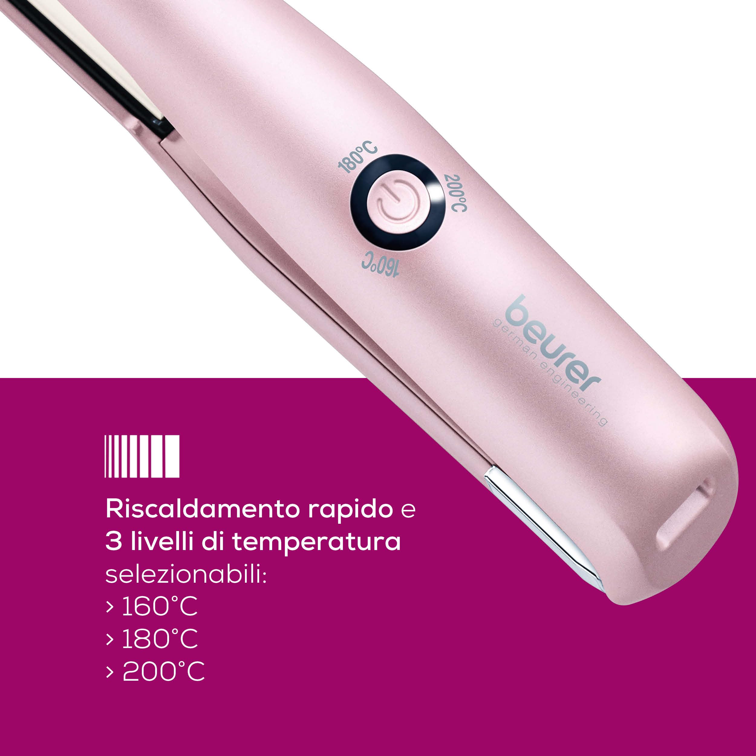 Beurer HS 20 Piastra per Capelli Senza Fili con Batteria Ricaricabile, 3 Temperature, Riscaldamento Rapido, USB, Ceramica e Tormalina, Compatta da Viaggio, Rosa