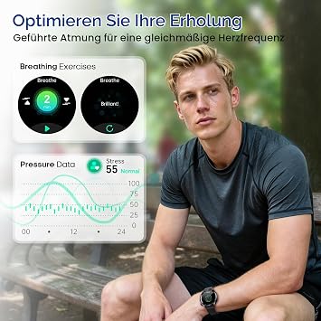 ZKCREATION Men's Smartwatch with Blood Pressure & Heart Rhythm Trend Analysis HRV Visualisation & Stress Management 1.43 Inch AMOLED 70+ Sports Modes Bluetooth Calls Fitness Watch for iOS Android