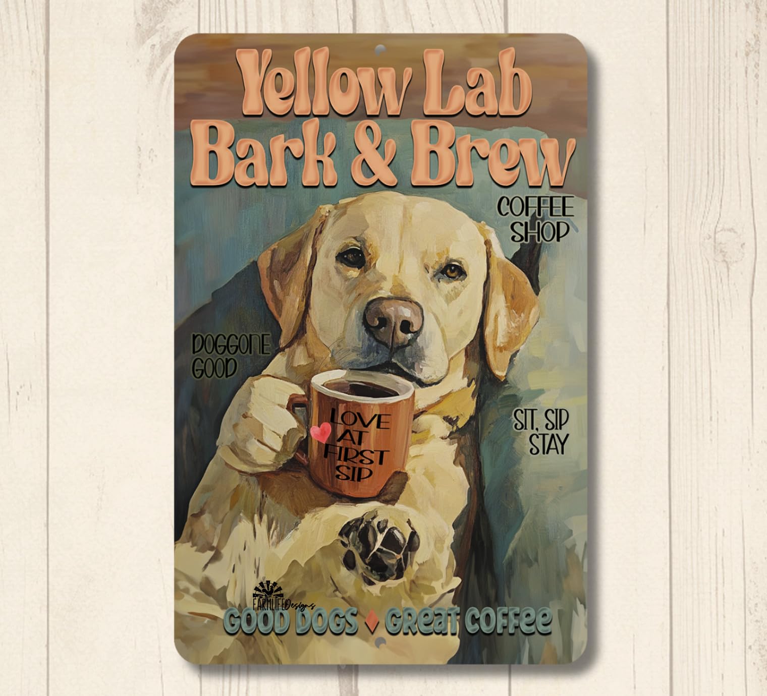 Yellow Lab Dog Coffee Bar Sign Bark Brew kitchen labrador funny metal tin golden home decor