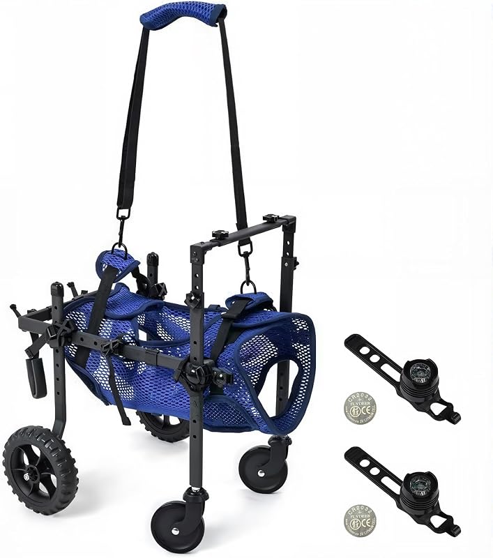 Upgraded 4-Wheel Dog Wheelchair with LED Safety Lights & DIY Name Tag – Adjustable Full-Body Support Mobility Cart for Disabled, Elderly & Injured Pets, Lightweight Aluminum Frame, S