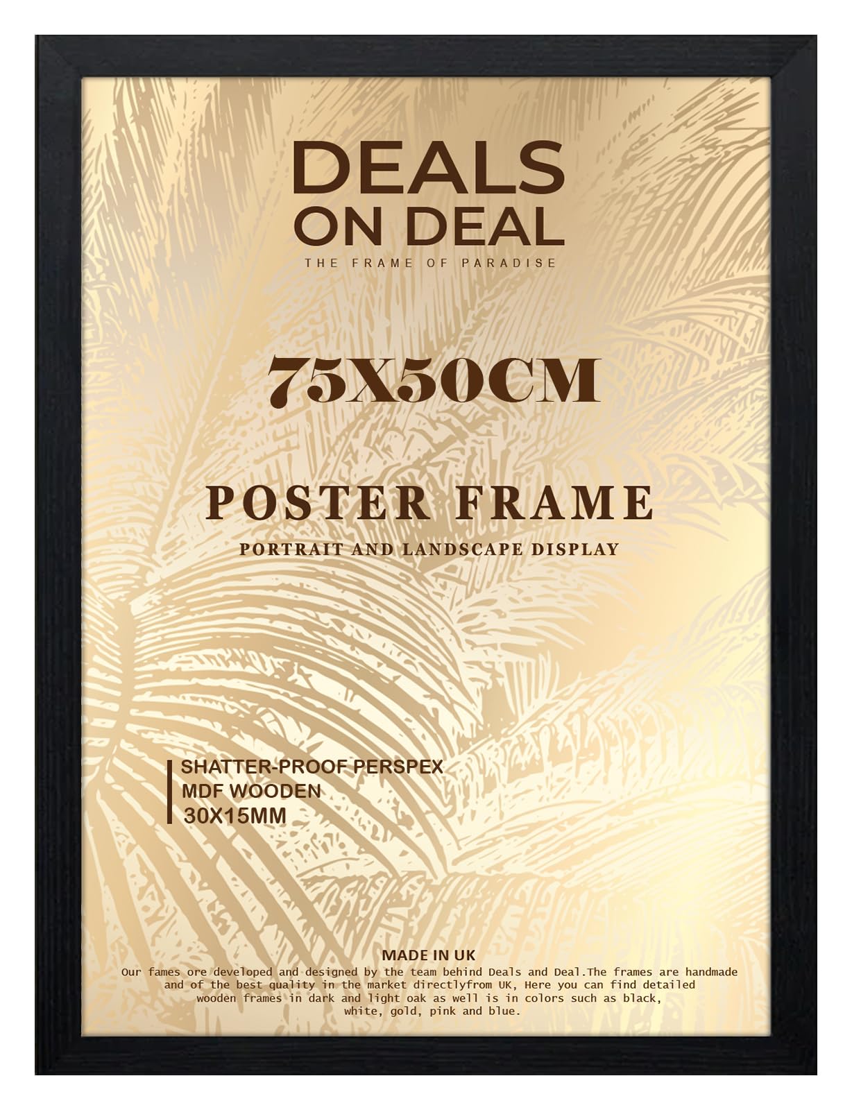 DEALS ON DEAL® Modern Large Poster Frame 75x50cm Mdf Wooden Picture Frames 50cm x 75cm for Jigsaw Puzzles/Shatter-Proof Front Vertical/Horizontal Mounting For Home & Office Décor-Black