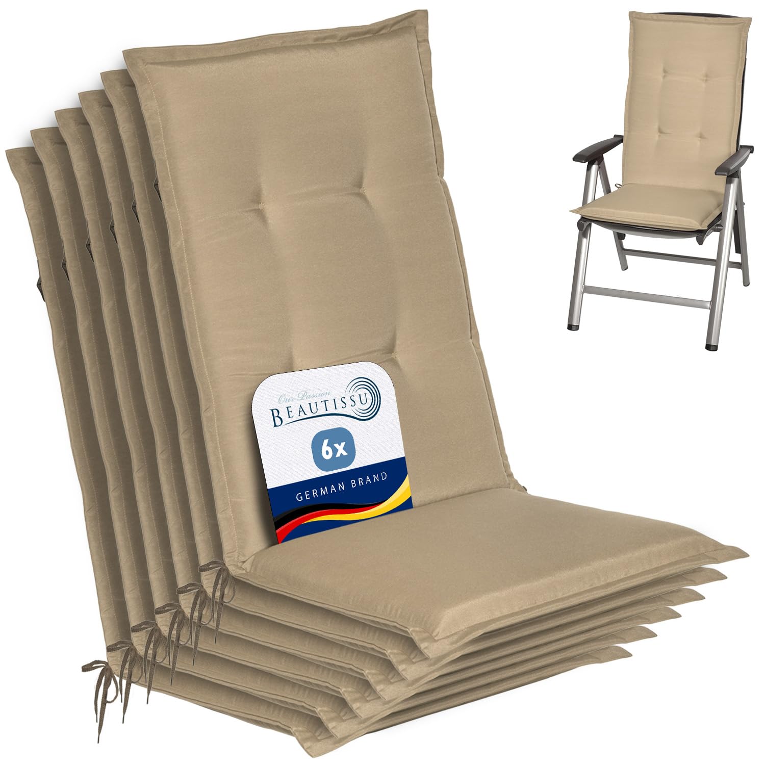 Beautissu Highback Outdoor Chair Cushions 120x50x6 cm Loft HL - Set of 6 Seat Cushions for Garden Chairs with Backs Recliner Patio Chair Sunbed Bench - Natural — image 1