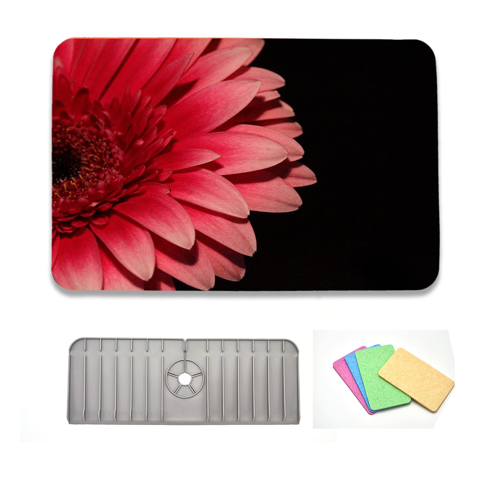 Coffee Mat Microfiber Dish Drying Mat For Kitchen Counter16 X 24 With Silicone Faucet Anti-Splash Pad 4-Count Kitchen Sponges- Compressed Cellulose Sponges (Roses16×24)