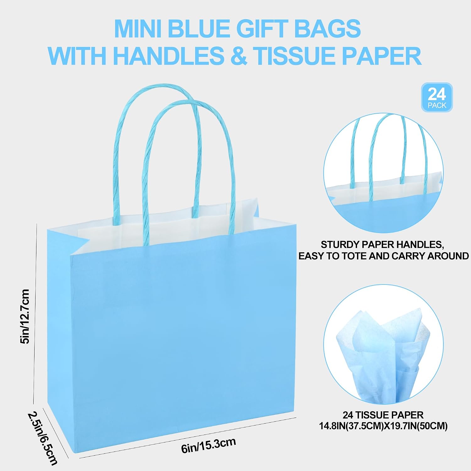 DjinnGlory 24 Pack Mini Tiny Blue Paper Gift Bags with Handles 6x5x2.5 Inch, Small Bags with Blue Tissue Paper for Baby Shower Party Favors, Treats, Goodies, Small Merchandises image 5