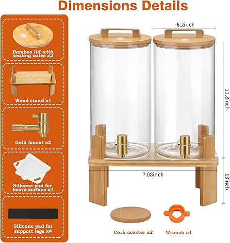 Miniatura 2 de Dispensador de bebidas de vidrio de 1.5 galones, dispensador de bebidas con soporte de madera, dispensador de limonada con válvula hermética y