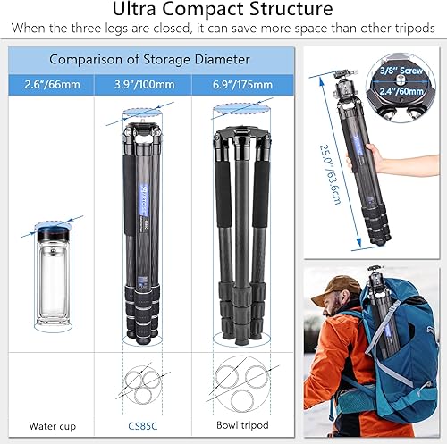 Miniatura 4 de Trípode de fibra de carbono resistente CS85C con bola de arco de 2.047 in, cabeza de trípode de perfil bajo, soporte de cámara de viaje compacto y