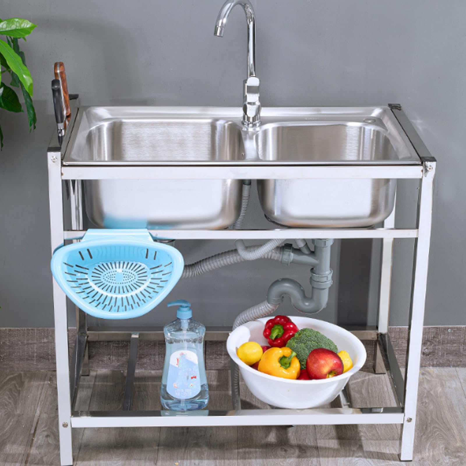 Évier de cuisine portable double cuve inox avec robinet et support pour garage et buanderie