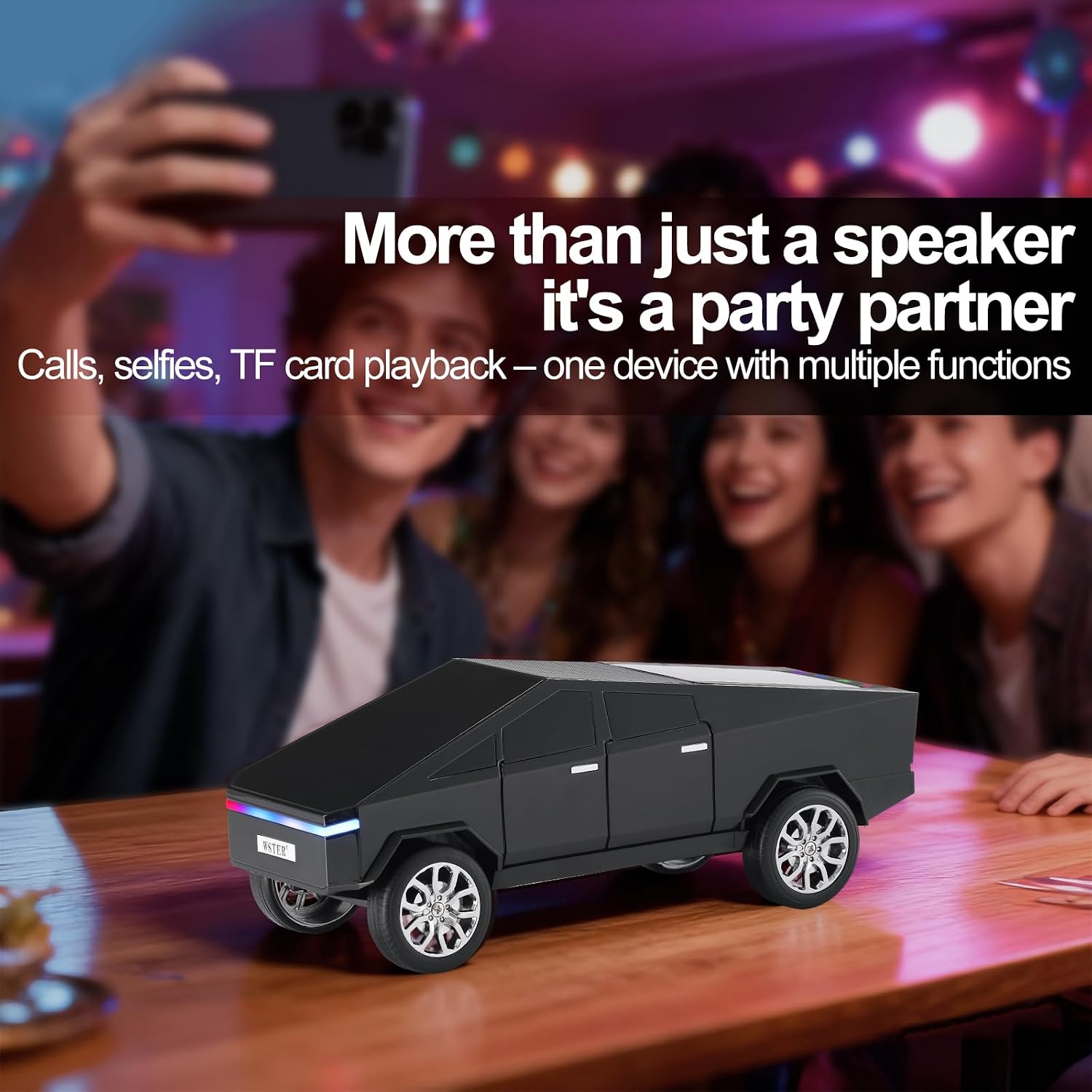 WSTER Futuristic Pickup Truck Replica Bluetooth Speaker with LED Display Screen – TWS Stereo, FM, USB/TF Playback, LED Lights, Built-in Mic, Gift for Car Lovers & Tech Fans (Black)