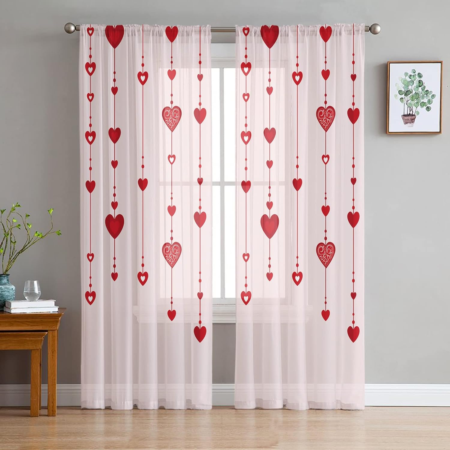 Valentine's Day Sheer Curtains 96 Inches Long Valentine's Day Love Hearts Light Pink Curtains Rod Pocket Semi Sheer Panels Polyester Living Room Curtains Window Treatment, 2 Panels, 52x96 Inch