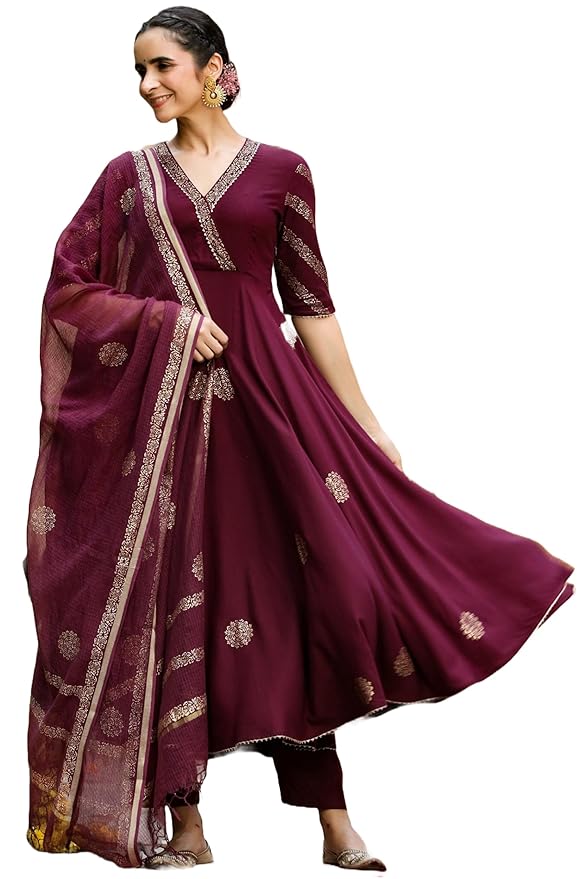 Buy GoSriKi Womens Cotton Blend Printed Anarkali Kurta with Pant & Dupatta at Rs. 779