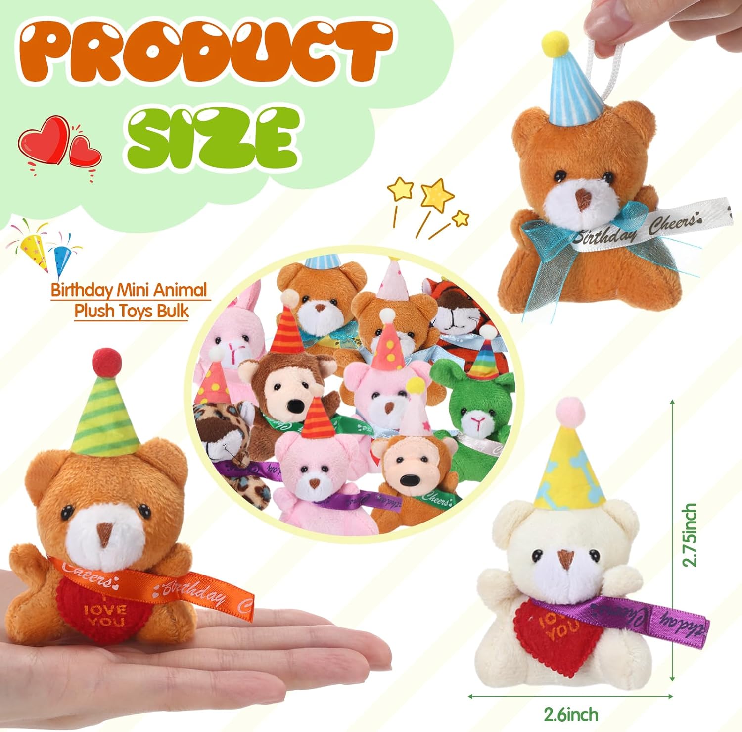 HooLing 100 Pcs Small Birthday Plush Toys Bulk Mini Cute Keychains Stuffed Animals for Kids Teens Adults Holiday Birthday Party Favors Gifts Classroom Exchange Prizes Home Decor Supplies