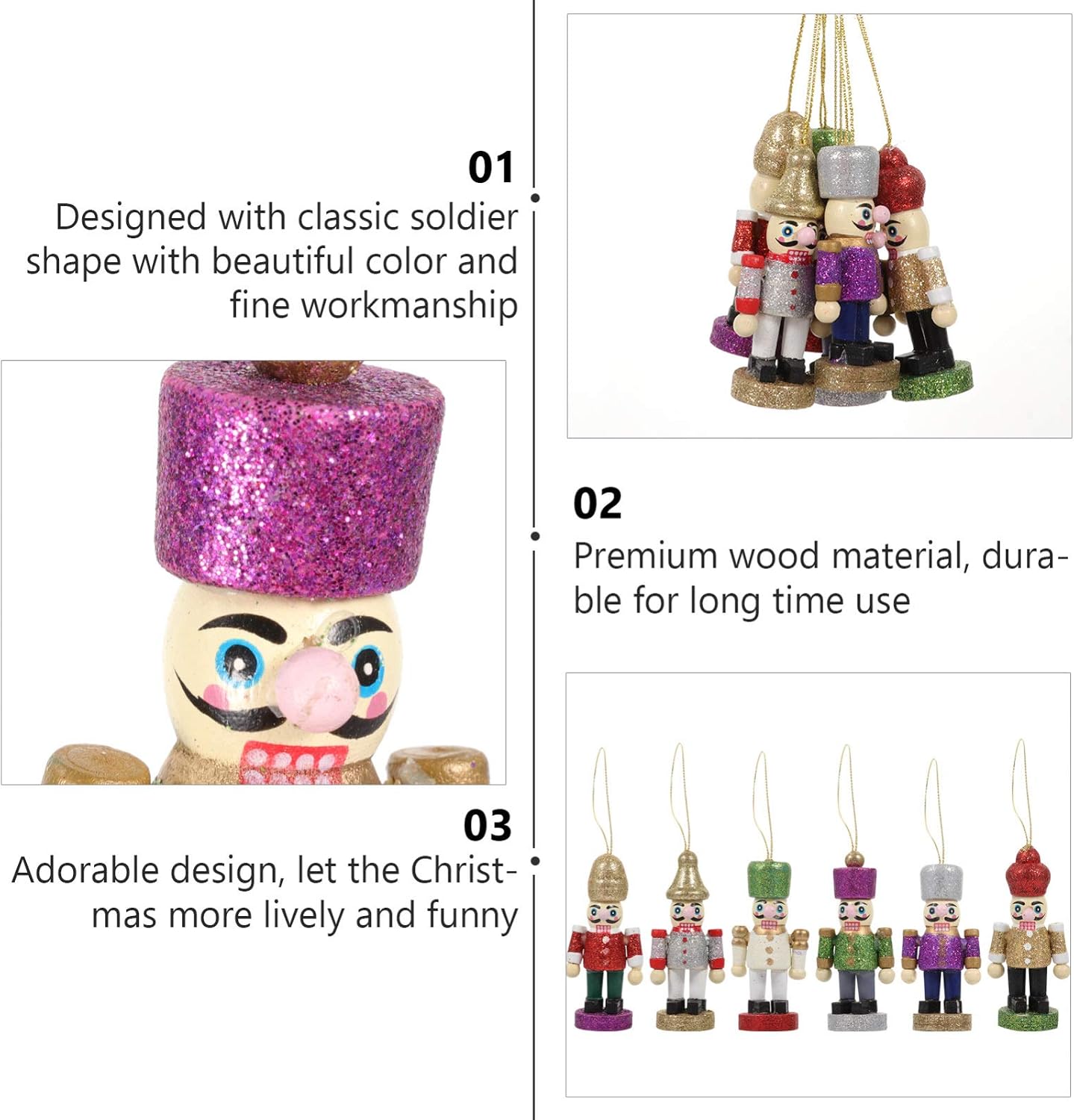 KESYOO 6pcs Christmas Nutcracker Wooden Nutcracker Pendant Figurines Glitter Xmas Tree Ornaments for Xmas Tree Home Party Table Decor