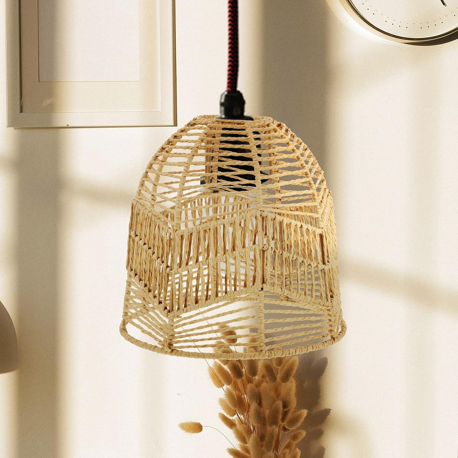 Rattan Lamp Shade, Boho Wicker Woven Pendant Light Lamp Shades Replacement for Chandelier, Floor Table Hanging Light