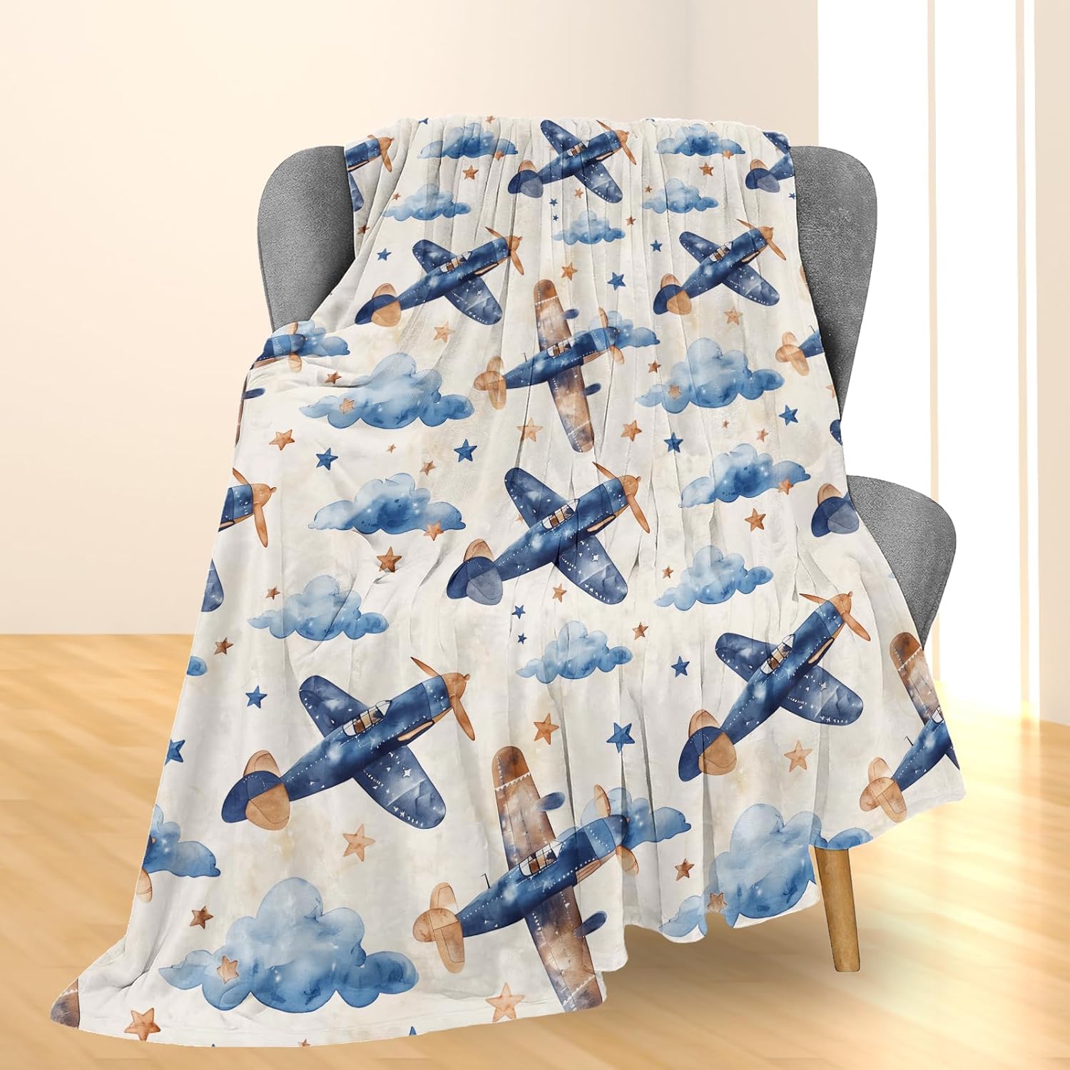 Vintage Airplane Blanket - Soft Lightweight Cozy Flannel Throw Blanket for Adults Kids Women Boys Girls, Warm Fluffy Fuzzy Blankets for Couch, Bed, Travel, Outdoor, Home Decor 80×60 in