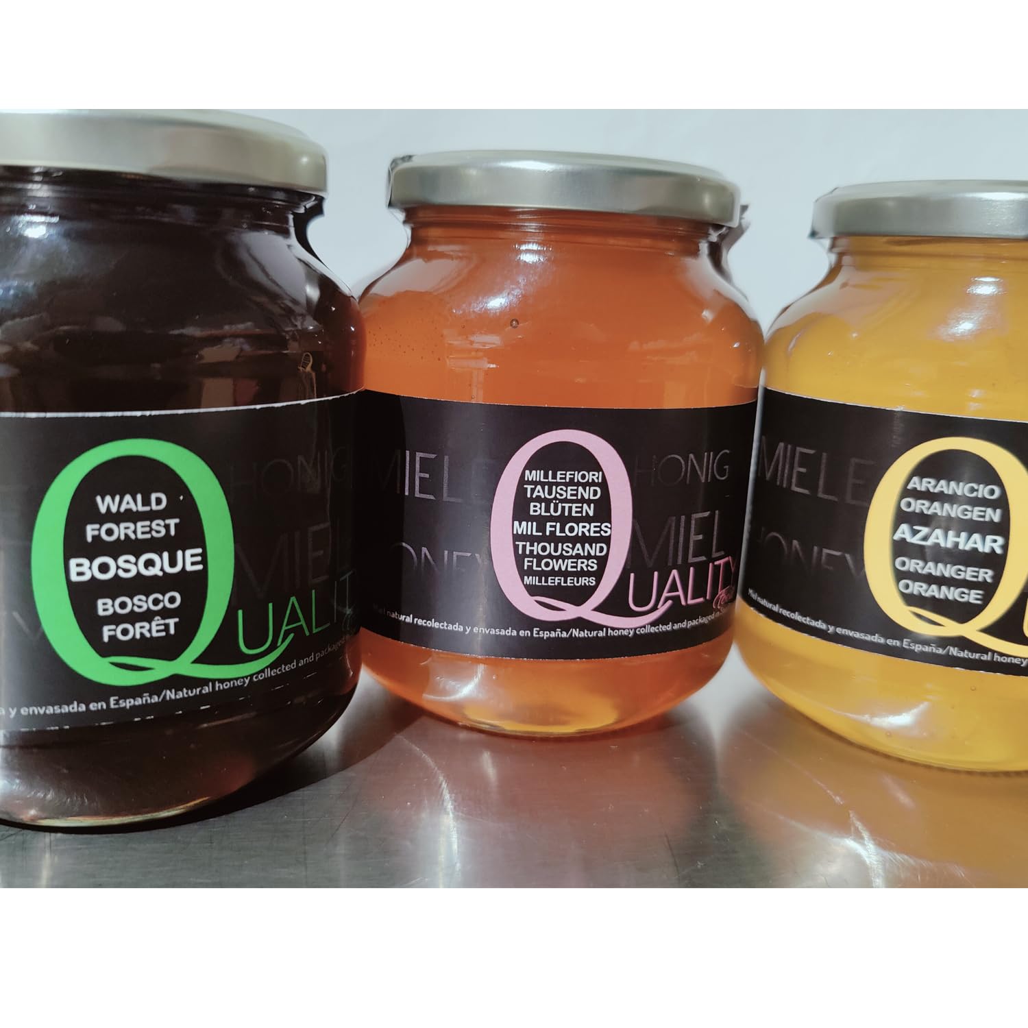 Miel d'abeille 100% pur. Miel cru sans pasteurisation ni chauffage. Pack cadeau et dégustation 3x500g. Bocal en verre. Origine Espagne.