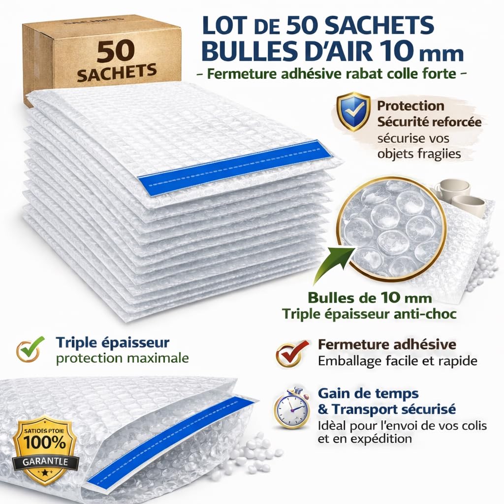 Lot de 100 sachets bulles d’air 10 mm – Fermeture adhésive rabat colle forte – Triple épaisseur antichoc – Protection Sécurité renforcée envoi et expédition produits fragiles. (150 X 200 mm)