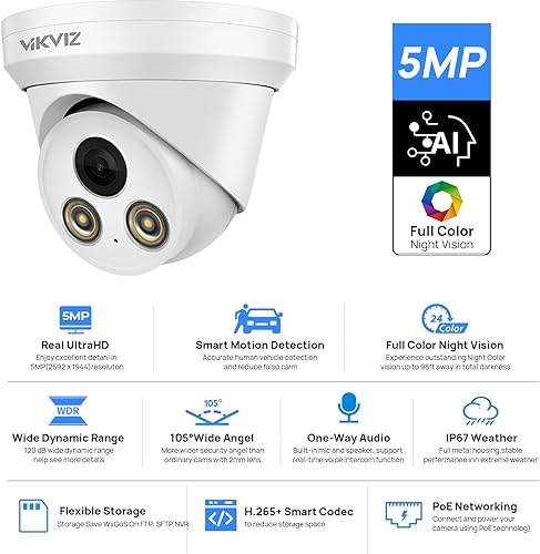 Miniatura 2 de Cámara IP PoE de visión nocturna a todo color de 5 MP PoE, cámara de seguridad de torreta con lente F1.0 súper apertura, detección de