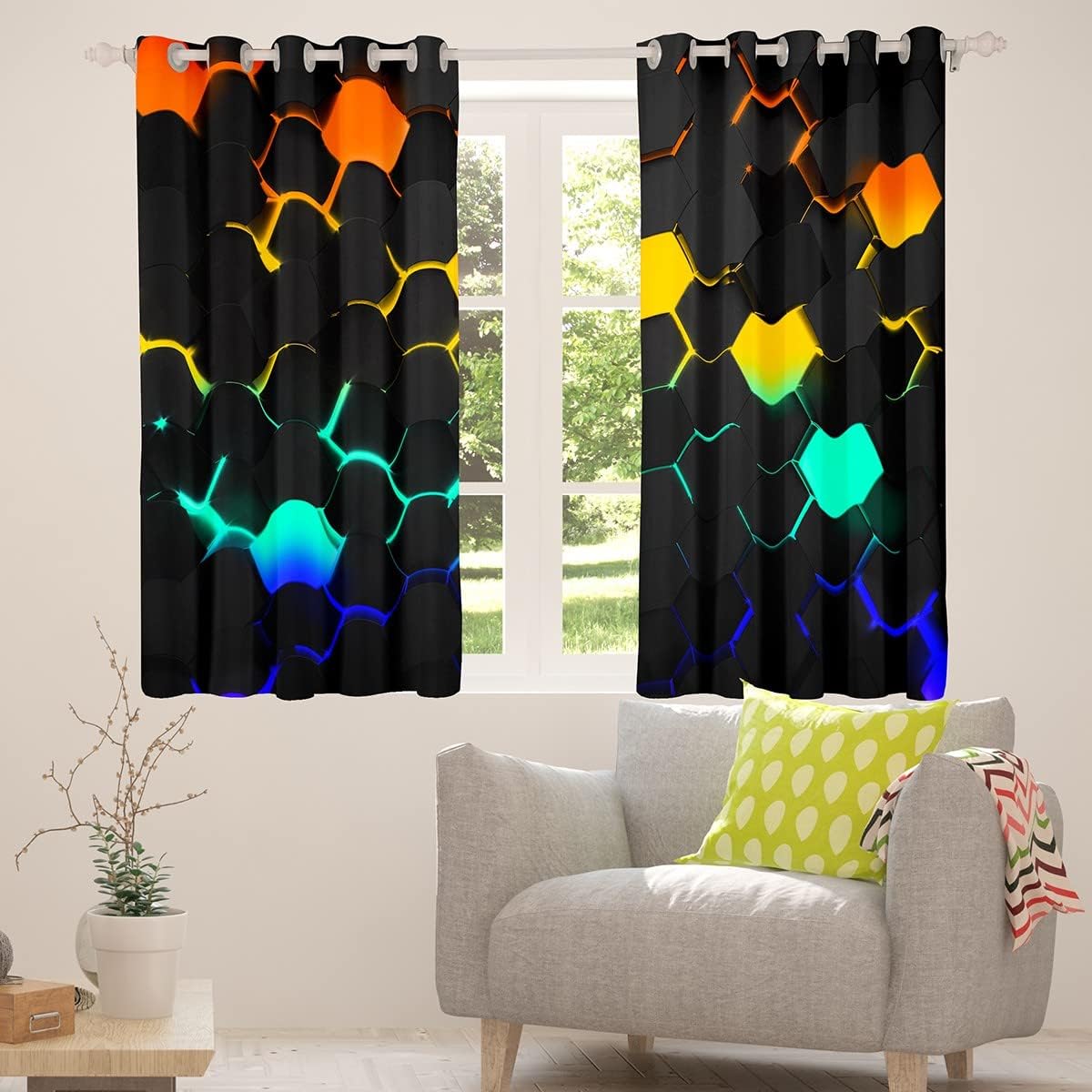 3D Honeycomb Curtains,Colorful Neon Light Hexagon Window Curtain Kids Boys Teens Girls Bedroom Decor Fashion Geometric Window Treatment Curtain Black Cool Gaming Window Drapes,Top 2 Panel,52Wx63L
