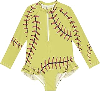 Traje de baño de una pieza para niñas de 3 a 12 años, color amarillo, de béisbol, suave, de manga larga