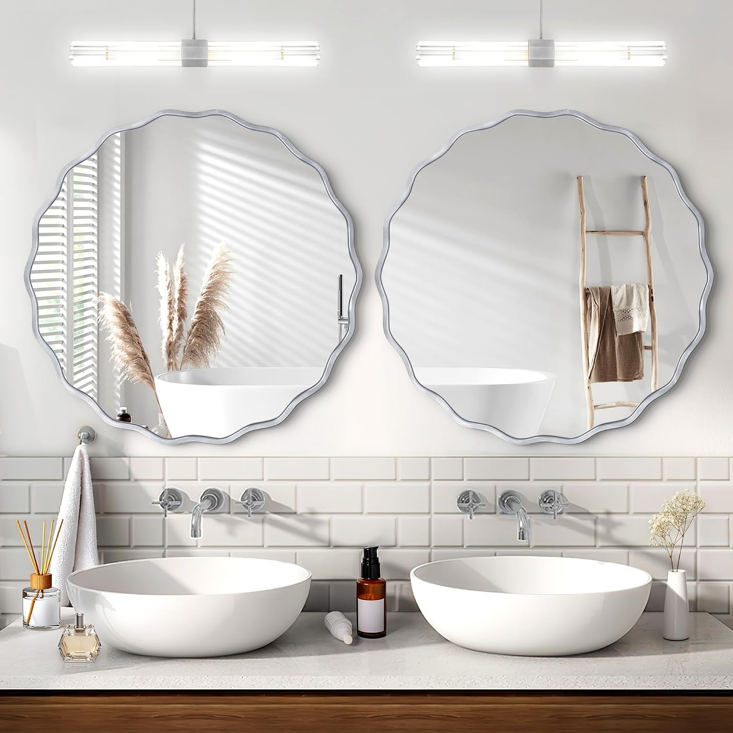 Gold Round Mirror for Wall, 32"x32" Decorative Wavy Bathroom Mirror with Brushed Alloy Steel Frame & Shatter-Proof Glass, Hanging Circle Wall Mirrors for Bathroom, Entryway (Silver, Large)