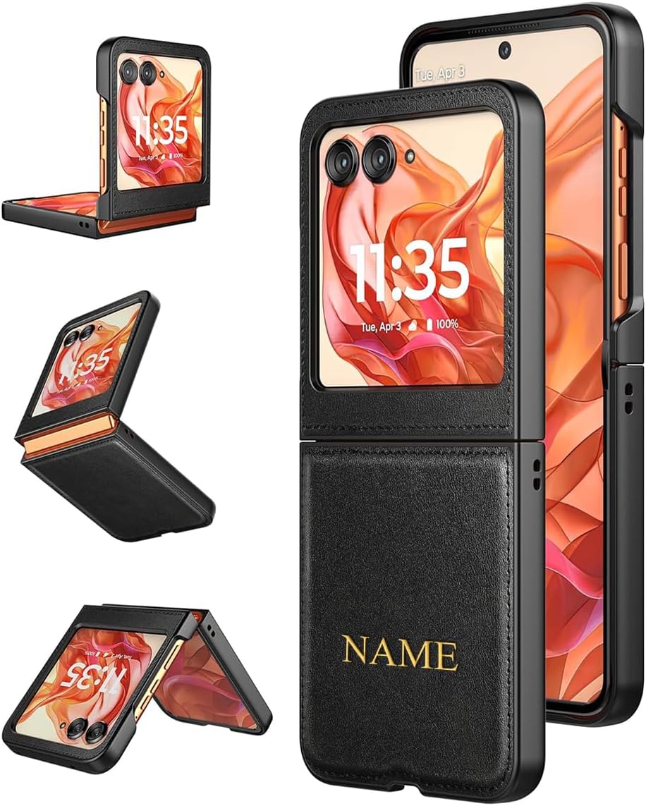 Custom for Motorola Razr 2024/Moto Razr+ Plus 2024 Case Personalized, Built-in Screen Protector& Hinge Protection & Ultra Thin PU Leather Matte PC Shockproof Phone Cover Smartphone Cover