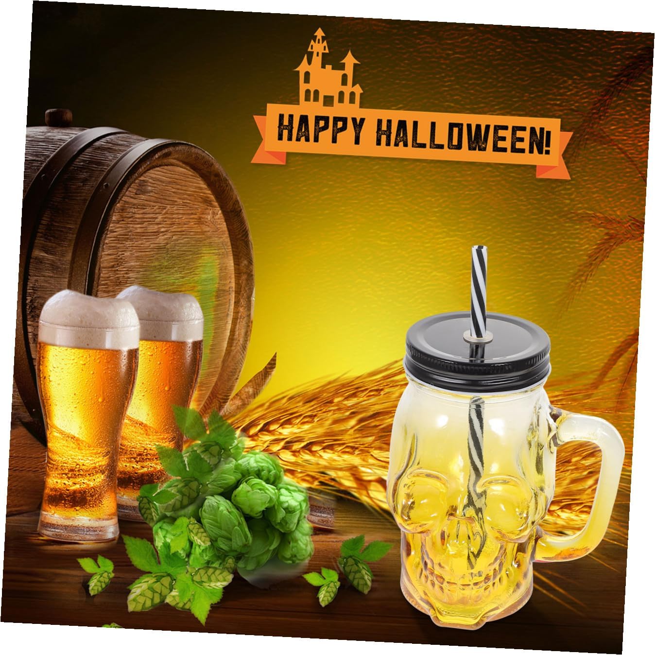 Halloween Skull Glass Cup with Handle 500ml Gradient Yellow Glassware Set 2pcs with Lid and Straw for Party Beer and Wine Drinking Random Color