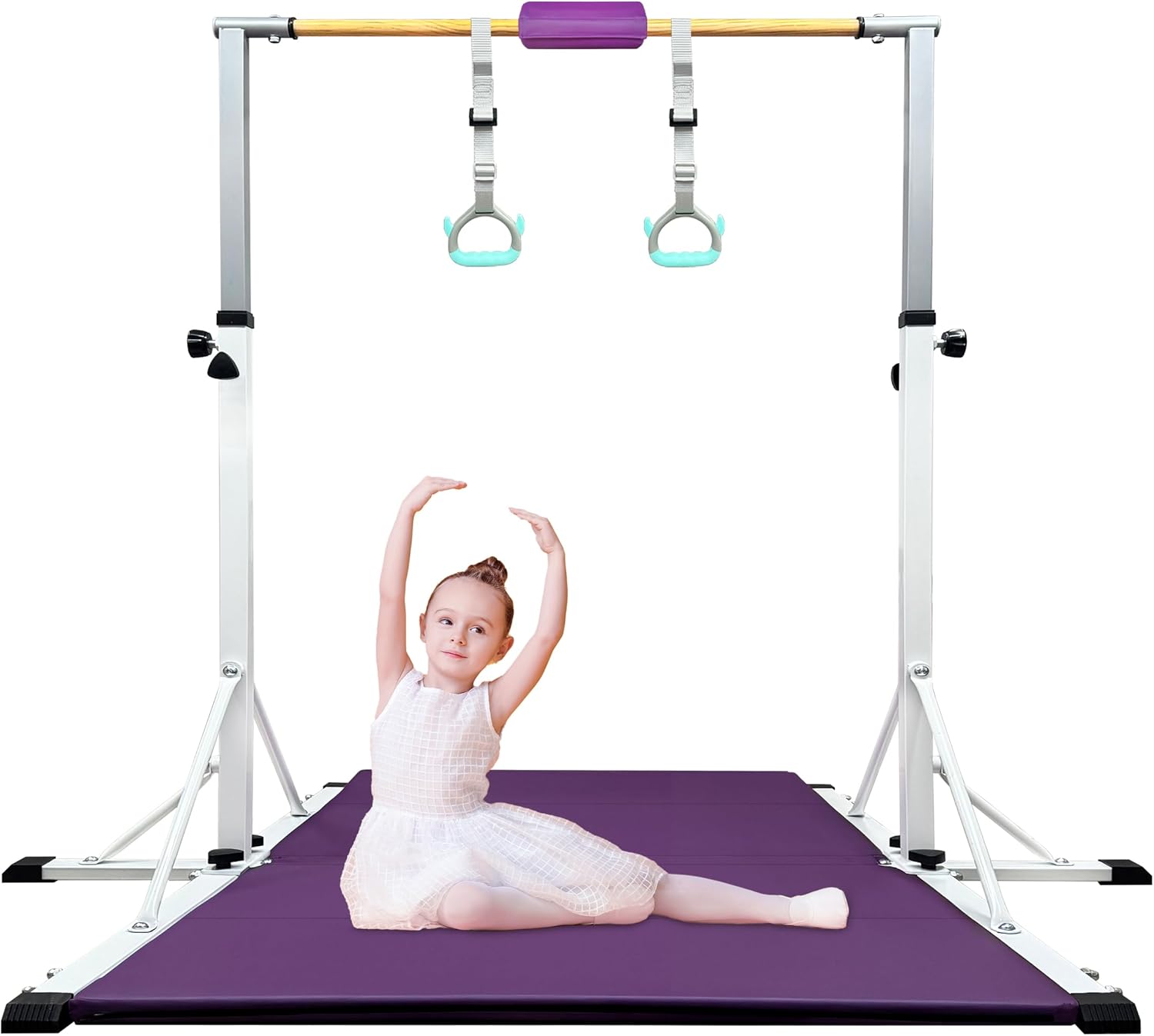 86 York Gymnastics Bar for Kids Ages 3-20, 5FT Base Length, 42" to 63" Adjustable Height, Horizontal Bar, Kip Bar for Gymnast, Gymnastic Training Equipment for Home, Gym Center (Bar with Mat, White)