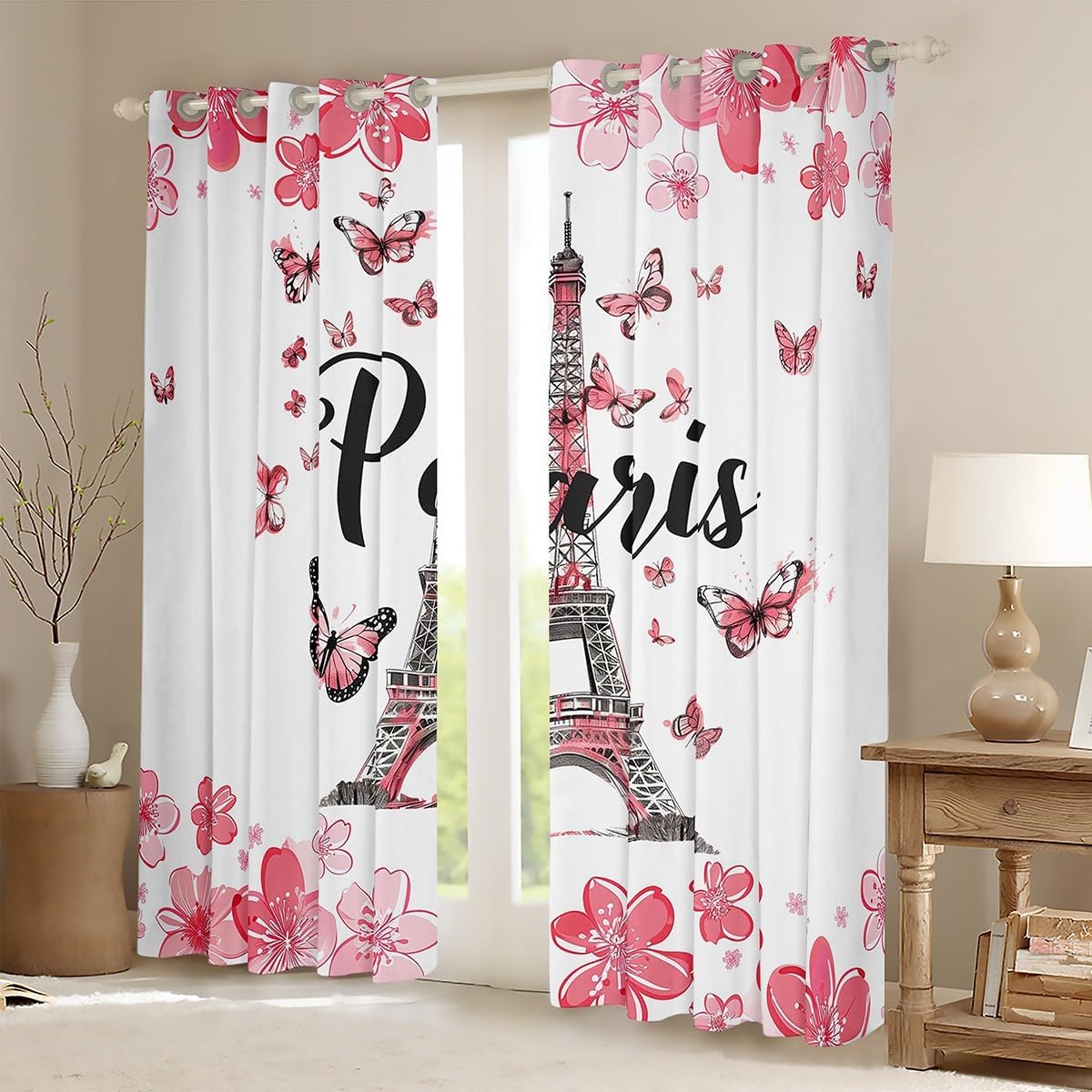 Castle Fairy Eiffel Tower Window Curtains Watercolor Cherry Blossom Window Treatments Wild Butterfly Animal Curtains for Bedroom Decor Paris Romantic Darkening Drapes,Top 2 Panel,42Wx84L inch
