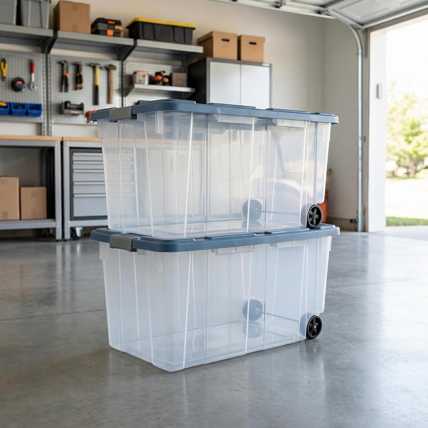 2 Pieces,160 Quarts of Wheeled Storage Boxes, Super Large Durable Transparent Boxes, with Lock Covers and Handles, Suitable for Moving, Garage, and Tool Room Storage (Blue and Clear)