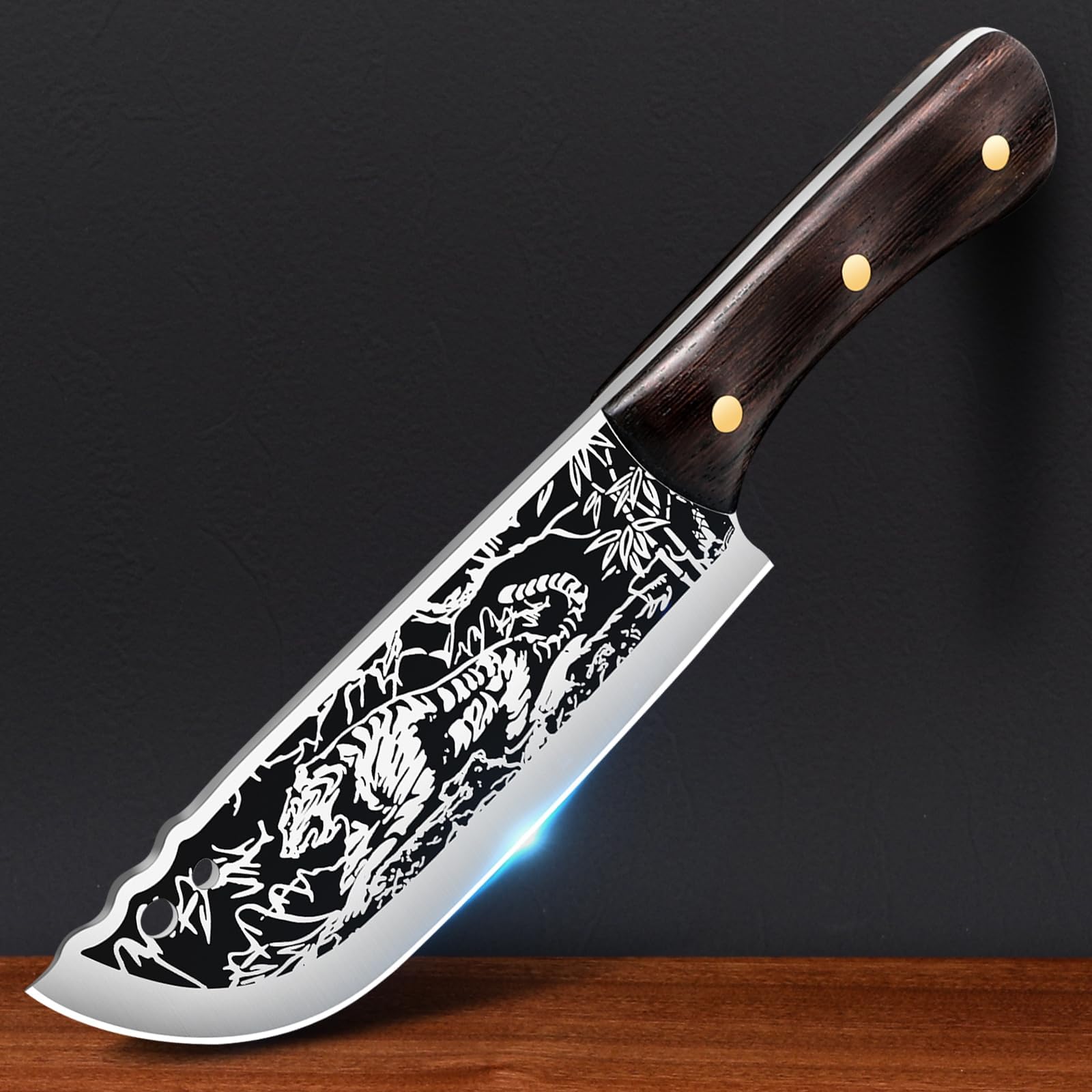 Meat Cleaver Knife Carved with Tiger Pattern Fathers Full Tang Handle Knife Hand Forged Cleaver Butcher Knife Cleaver Chopping Knife for Home (Wenge handle)