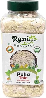 Rani Organic Poha (Powa) Thin Cut (Flattened Rice) 14oz (400g) PET Jar ~ All Natural, Salt-Free | Vegan | Kosher | No Colors | Gluten Friendly | Indian Origin | USDA Certified Organic