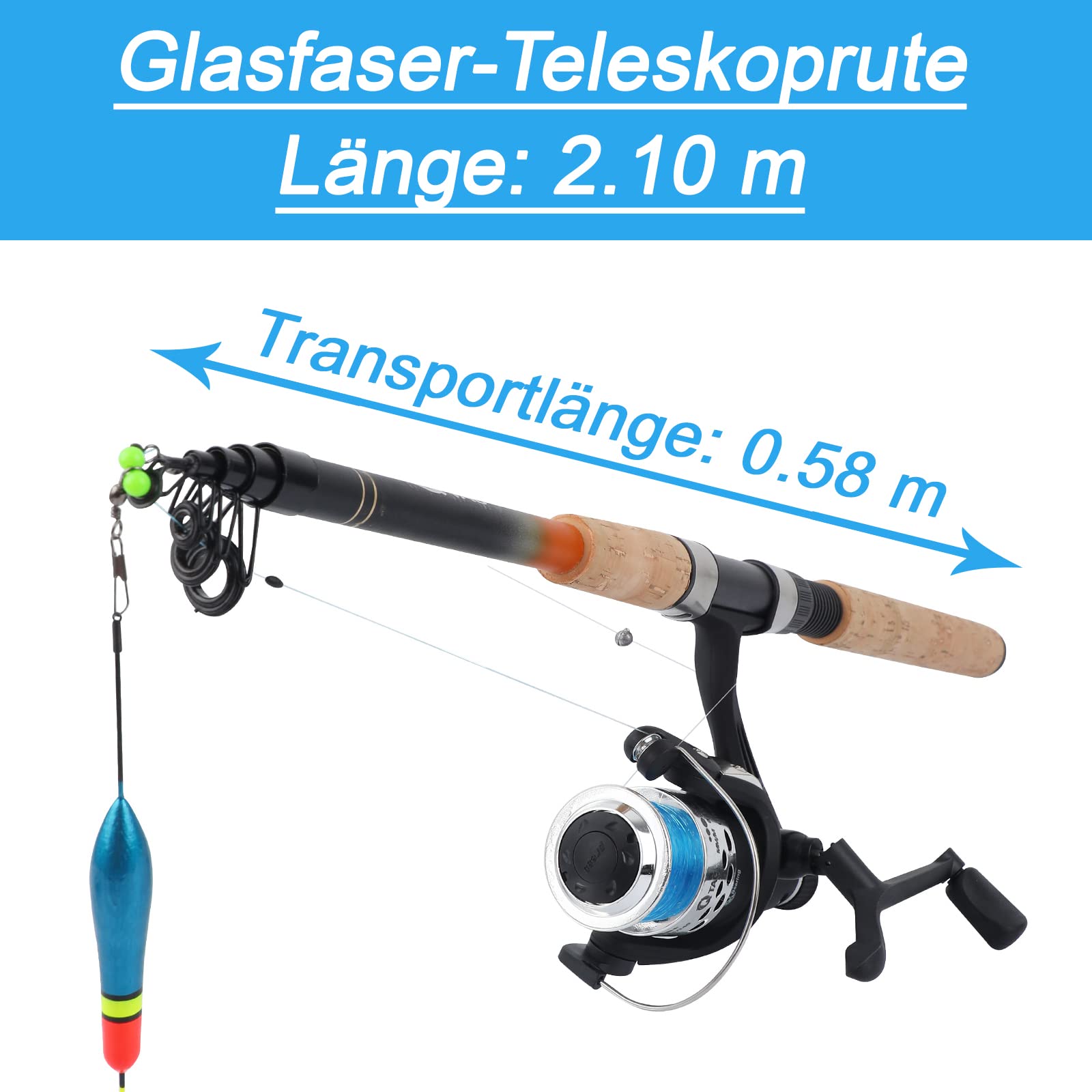 Angelset Forelle/Barsch mit Kescher [Angelfertig montiert & Angelrolle bespult] Länge Teleskoprute 2.10m, Angel Set komplett Profi & Einsteiger, Starter-Set für Forellen Angeln